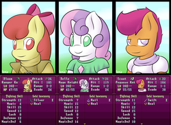 Size: 1536x1118 | Tagged: safe, artist:lamia, apple bloom, scootaloo, sweetie belle, earth pony, anthro, g4, archer, armor, crossover, cutie mark crusaders, fantasy class, fire emblem, knight, mage, nintendo, rpg, stats, warrior