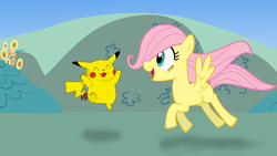 Size: 1024x576 | Tagged: safe, artist:brony-pete1, fluttershy, pikachu, g4, younger