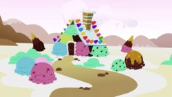 Size: 1280x720 | Tagged: safe, screencap, g4, it's about time, house, ice cream, ice cream cone, ice cream house, mint chocolate chip, rocky road