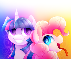 Size: 612x512 | Tagged: safe, artist:twistedmindbrony, pinkie pie, twilight sparkle, pony, g4, :d, abstract background, bust, colored pupils, duo, front view, happy, looking at someone, looking back, looking up, open mouth, open smile, portrait, profile, side view, silly, silly pony, smiling, tongue out