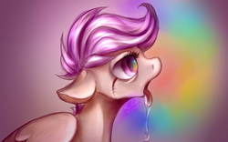 Size: 822x512 | Tagged: safe, artist:twistedmindbrony, scootaloo, g4, drool, female, scar, solo