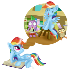 Size: 1000x1000 | Tagged: safe, artist:swanlullaby, owlowiscious, rainbow dash, spike, g4, book, drums, musical instrument, stool, stooldash