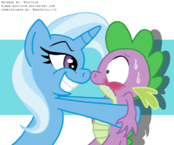 Size: 1177x986 | Tagged: safe, artist:niban-destikim, spike, trixie, dragon, pony, unicorn, g4, bedroom eyes, blushing, boop, eye contact, female, frown, grin, looking at each other, male, mare, nervous, noseboop, ship:spixie, shipping, smiling, straight, sweat, wide eyes