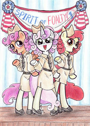 Size: 756x1056 | Tagged: safe, artist:oriwhitedeer, apple bloom, scootaloo, sweetie belle, earth pony, pony, semi-anthro, g4, bipedal, clothes, cutie mark crusaders, the andrews sisters, traditional art, uniform