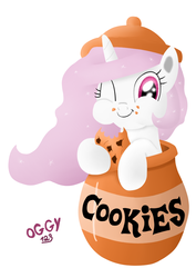 Size: 850x1200 | Tagged: safe, artist:oggynka, princess celestia, g4, :t, cewestia, cookie, cookie jar, cookie jar pony, cute, eating, female, filly, leaning, looking at you, puffy cheeks, smiling, solo, wink