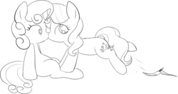 Size: 1280x678 | Tagged: dead source, safe, artist:mcsadat, diamond tiara, sweetie belle, earth pony, pony, unicorn, g4, accidental kiss, banana peel, black and white, duo, female, filly, foal, grayscale, kissing, lesbian, lineart, missing accessory, monochrome, ship:diamondbelle, shipping, simple background, white background