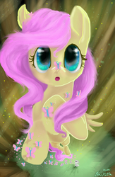 Size: 400x612 | Tagged: safe, artist:thecraftywhitefox, angel bunny, fluttershy, butterfly, g4, duo, flying, insect on nose, looking at something, looking up, open mouth, perspective