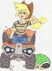 Size: 1244x1713 | Tagged: safe, artist:enigmaticthief, applejack, human, g4, female, green shell, humanized, koopa shell, mario kart, parody, pixiv, shell, solo, super mario bros., traditional art