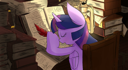 Size: 1200x663 | Tagged: safe, artist:joycall6, twilight sparkle, alicorn, pony, g4, book, female, lantern, mare, pile, princess sleeping on books, sleeping, solo, studying, table, twilight sparkle (alicorn)