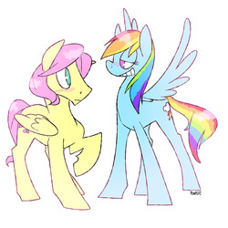 Size: 1280x1280 | Tagged: safe, artist:kilo, fluttershy, rainbow dash, g4, blushing, butterscotch, female, grin, half r63 shipping, height difference, male, rule 63, ship:butterdash, ship:flutterdash, shipping, straight, tall, tallerdash
