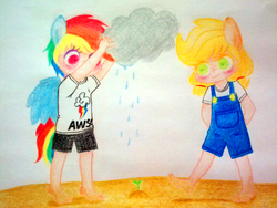 Size: 640x480 | Tagged: safe, artist:doqwor, applejack, rainbow dash, human, g4, cloud, cute, duo, humanized, pigtails, rain, raincloud, traditional art, younger