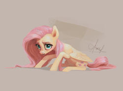 Size: 1111x823 | Tagged: dead source, safe, artist:nayshie, fluttershy, pegasus, pony, g4, fangs, female, looking at you, mare, signature, simple background, sitting, solo