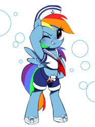 Size: 841x1124 | Tagged: safe, artist:30clock, rainbow dash, pegasus, pony, g4, bipedal, clothes, female, grin, hat, one eye closed, sailor, smiling, solo, wink