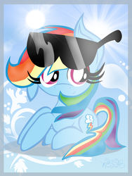 Size: 1944x2592 | Tagged: safe, artist:kelsey139, rainbow dash, g4, crepuscular rays, cute, dashabetes, female, filly, filly rainbow dash, floppy ears, looking at you, prone, smiling, solo, sunglasses