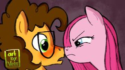 Size: 1024x576 | Tagged: safe, artist:carranzis, cheese sandwich, pinkie pie, the rock farmer's daughters, g4, :o, blushing, boop, eye contact, female, glare, glasses, male, nose wrinkle, noseboop, open mouth, personal space invasion, pinkamena diane pie, ship:cheesepie, shipping, straight, surprised, wide eyes