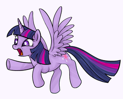 Size: 1280x1031 | Tagged: safe, artist:mn27, twilight sparkle, alicorn, pony, g4, female, flying, mare, open mouth, pointing, solo, spread wings, twilight sparkle (alicorn), wide eyes