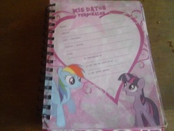 Size: 2048x1536 | Tagged: safe, rainbow dash, twilight sparkle, g4, agenda, book, diary, journal, merchandise, spanish