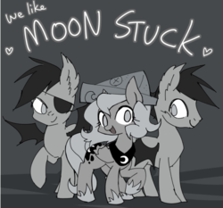 Size: 500x465 | Tagged: safe, artist:kolshica, artist:pasikon, princess luna, oc, oc:frolicsome meadowlark, oc:sunshine smiles (egophiliac), bat pony, pony, moonstuck, g4, cartographer's cap, filly, grayscale, hat, monochrome, woona