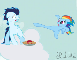 Size: 1024x808 | Tagged: safe, artist:rulette, rainbow dash, soarin', g4, female, hilarious in hindsight, male, pie, ship:soarindash, shipping, straight