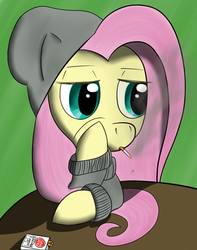 Size: 677x859 | Tagged: safe, artist:ghiacciocubo, fluttershy, g4, cigarette, clothes, female, hoodie, smoking, solo