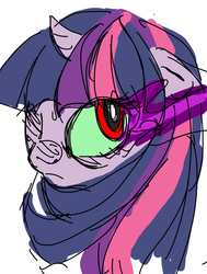 Size: 1876x2476 | Tagged: safe, artist:musicwitme, twilight sparkle, g4, bust, corrupted, curved horn, dark magic, female, horn, magic, solo, sombra eyes