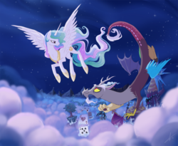 Size: 1021x839 | Tagged: safe, artist:tauwnycat, discord, princess celestia, alicorn, draconequus, pony, g4, ace of hearts, black vine, card, chaos, cloud, cloudy, duo, ethereal mane, eye contact, female, floating island, flying, hoof shoes, male, mare, mountain, night, peytral, playing card, sky