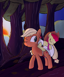 Size: 833x1001 | Tagged: safe, artist:lphooves, apple bloom, applejack, earth pony, pony, g4, somepony to watch over me, diaper, diaper fetish, duo, duo female, female, filly, foal, mare, non-baby in diaper, ponies riding ponies, poofy diaper, riding, tree