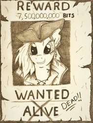 Size: 778x1026 | Tagged: safe, artist:corvostawr, oc, oc only, oc:cpt corva, monochrome, pirate, poster, solo, traditional art, wanted poster