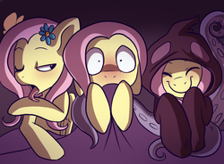 Size: 770x568 | Tagged: safe, artist:pixel-prism, fluttershy, twilight sparkle's secret shipfic folder, g4, blushing, clothes, costume, cult leader fluttershy, druid, eyes closed, flutterdruid, hoodie, licking, looking at you, multeity, open mouth, self ponidox, shocked, smiling, tentacles, tongue out, wide eyes, wink