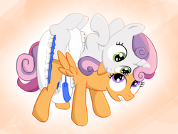 Size: 660x500 | Tagged: safe, artist:lphooves, scootaloo, sweetie belle, pegasus, pony, unicorn, g4, cute, cutealoo, diaper, diaper fetish, diaper sharing, diasweetes, female, filly, foal, lesbian, non-baby in diaper, shared clothing, ship:scootabelle, shipping