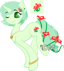 Size: 700x780 | Tagged: safe, artist:overdriv3n, oc, oc only, oc:hollyhock, pony, unicorn, adoptable, flower, solo, wink