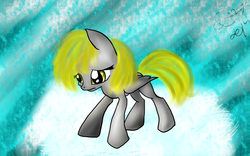 Size: 1024x640 | Tagged: safe, artist:liz-moon, derpy hooves, g4, female, sad, solo, younger