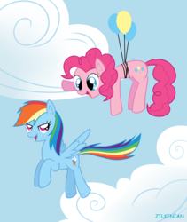 Size: 984x1164 | Tagged: safe, artist:zilkenian, pinkie pie, rainbow dash, g4, balloon, duo, then watch her balloons lift her up to the sky