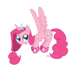 Size: 959x944 | Tagged: safe, artist:zilkenian, pinkie pie, alicorn, pony, g4, alicornified, cute, female, flying, looking up, open mouth, pinkiecorn, race swap, smiling, solo, spread wings, xk-class end-of-the-world scenario