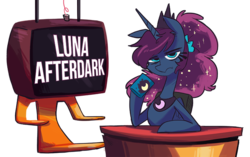 Size: 800x502 | Tagged: safe, artist:herny, princess luna, alicorn, pony, luna-afterdark, g4, cup, female, looking at you, mare, mug, simple background, solo, space ghost coast to coast, table, transparent background, tumblr