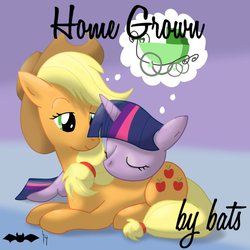Size: 894x894 | Tagged: safe, artist:batsofchaos, applejack, twilight sparkle, g4, cover, cuddling, eyes closed, fanfic, fanfic art, fanfic cover, female, lesbian, prone, ship:twijack, shipping, smiling, snuggling, thought bubble