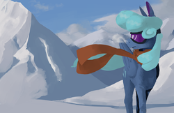 Size: 1920x1242 | Tagged: safe, artist:enma-darei, oc, oc only, oc:cold snap, pegasus, pony, clothes, goggles, mountain, scarf, solo