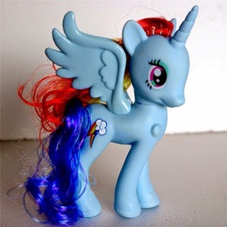 Size: 809x809 | Tagged: safe, rainbow dash, alicorn, pony, g4, bootleg, brushable, irl, photo, race swap, rainbowcorn, solo, toy