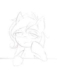 Size: 1181x1549 | Tagged: safe, artist:randy, oc, oc only, oc:aryanne, pony, black and white, bored, gesture, grayscale, looking at you, monochrome, sketch, sleepy, solo, table, upper body