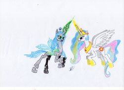 Size: 3509x2550 | Tagged: safe, artist:djr3b3l, princess celestia, queen chrysalis, a canterlot wedding, g4, brawl, fight, flying, handmade, high res, magic, traditional art