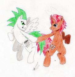 Size: 1809x1847 | Tagged: safe, artist:djr3b3l, oc, oc only, oc:blast wave, oc:magic pass, pegasus, pony, unicorn, friendship, hoofbump, traditional art