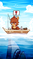 Size: 800x1400 | Tagged: safe, artist:php56, oc, oc only, shark, boat, bottle, exclamation point, fishing, fishing rod, jaws, speech bubble, tongue out, water