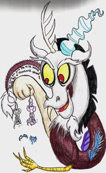 Size: 400x652 | Tagged: safe, artist:numberlessneedle, diamond tiara, discord, silver spoon, g4, abuse, dialogue, macro, silverbuse, size difference, spoonabuse, suspended, tiarabuse, traditional art