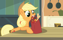 Size: 1024x664 | Tagged: safe, artist:jadedjynx, applejack, g4, apple, bag, carrot, female, groceries, kitchen, mouth hold, my little sterelis, solo