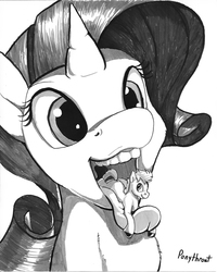 Size: 800x1002 | Tagged: safe, artist:php187, rarity, oc, earth pony, pony, unicorn, g4, esophagus, fetish, imminent vore, mawshot, micro, monochrome, open mouth, oral invitation, prehensile tongue, raripred, salivating, slimy, squishy, taste buds, tongue matress, tongue out, uvula, willing prey