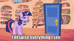 Size: 960x540 | Tagged: safe, twilight sparkle, g4, door, female, frown, grumpy twilight, image macro, looking at you, meme, solo, unamused