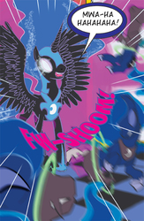 Size: 468x720 | Tagged: safe, artist:princrim, nightmare moon, princess luna, alicorn, changeling, pony, comic:where luna was, g4, comic, disguise, glowing eyes, laughing, open mouth, smiling, spread wings, traditional royal canterlot voice