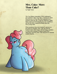 Size: 850x1100 | Tagged: safe, artist:irateliterate, cup cake, earth pony, pony, series:the vorist magazine, g4, abdominal bulge, belly, female, fetish, kitchen eyes, looking at you, magazine, mare, solo, text, thick cup cake, vore, willing vore