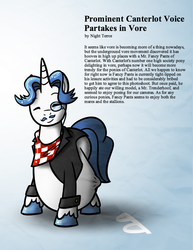 Size: 850x1100 | Tagged: safe, artist:irateliterate, fancypants, trenderhoof, pony, unicorn, series:the vorist magazine, g4, abdominal bulge, belly, eyes closed, fetish, male, smiling, solo, stallion, text, vore, willing vore