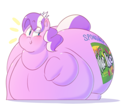 Size: 676x580 | Tagged: safe, artist:secretgoombaman12345, diamond tiara, earth pony, pony, ask chubby diamond, g4, blushing, butt, fat, female, impossibly large butt, mike and ikes, morbidly obese, obese, plot, product placement, solo
